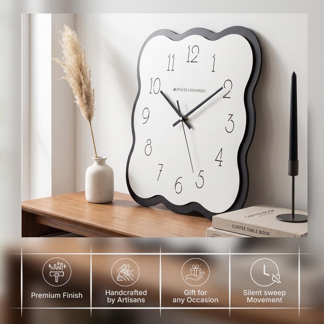 Spaces Unhooked Wavy Wall Clock, Black Scalloped Frame, Slim Numerals