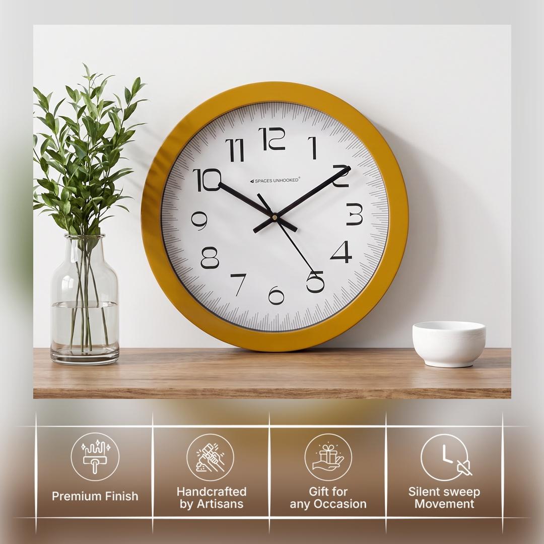 Cheerful mustard wall clock in a kids room or home office with teal and navy accents