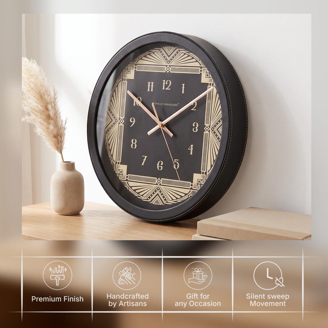 Spaces Unhooked Art Deco Round Wall Clock, Black and Cream