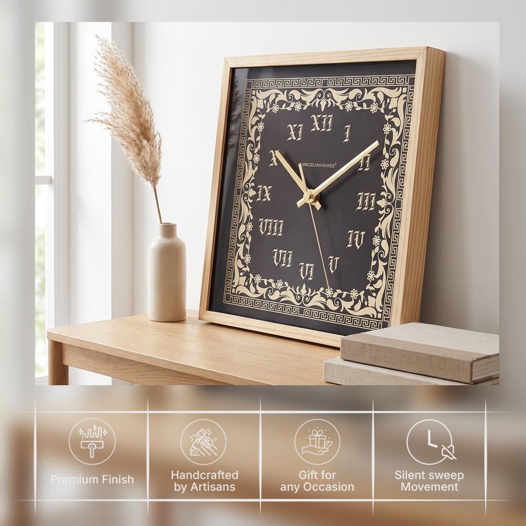 Spaces Unhooked Square Wooden Wall Clock, Black Dial, Roman Numerals