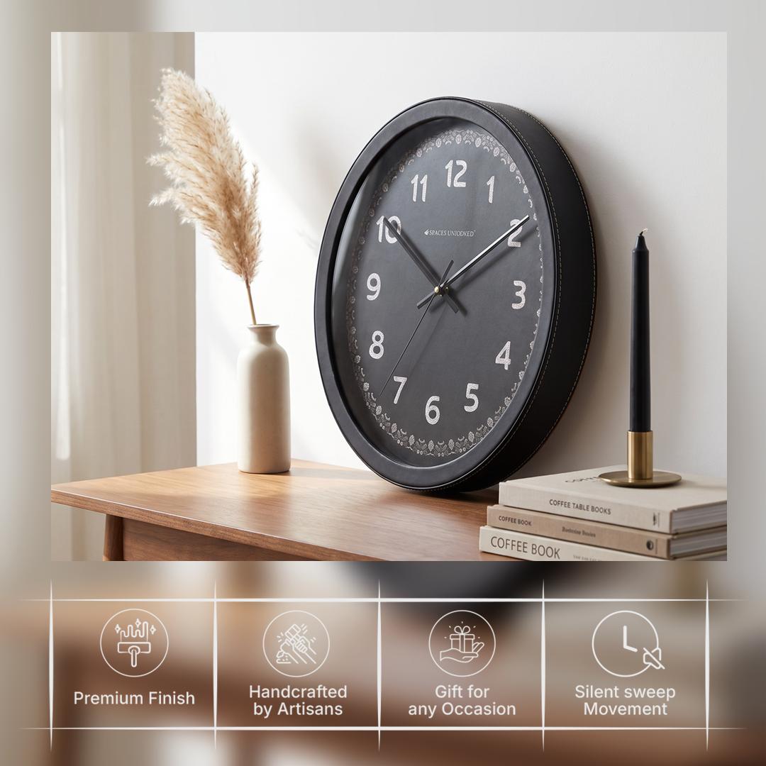 Spaces Unhooked Round Black Wall Clock, Black Dial, Textured Numerals