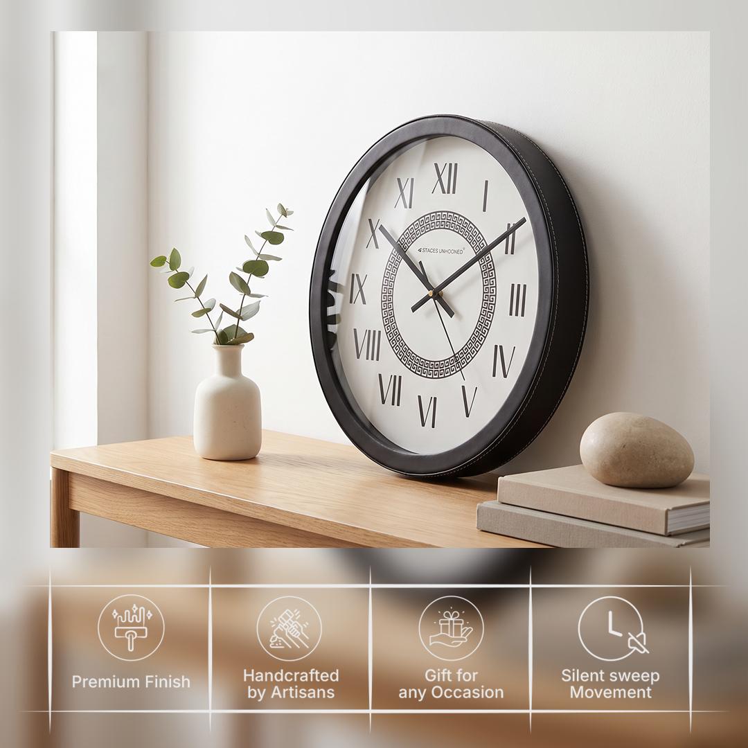 Spaces Unhooked Round Wall Clock, Roman Numerals, Greek Key Centre