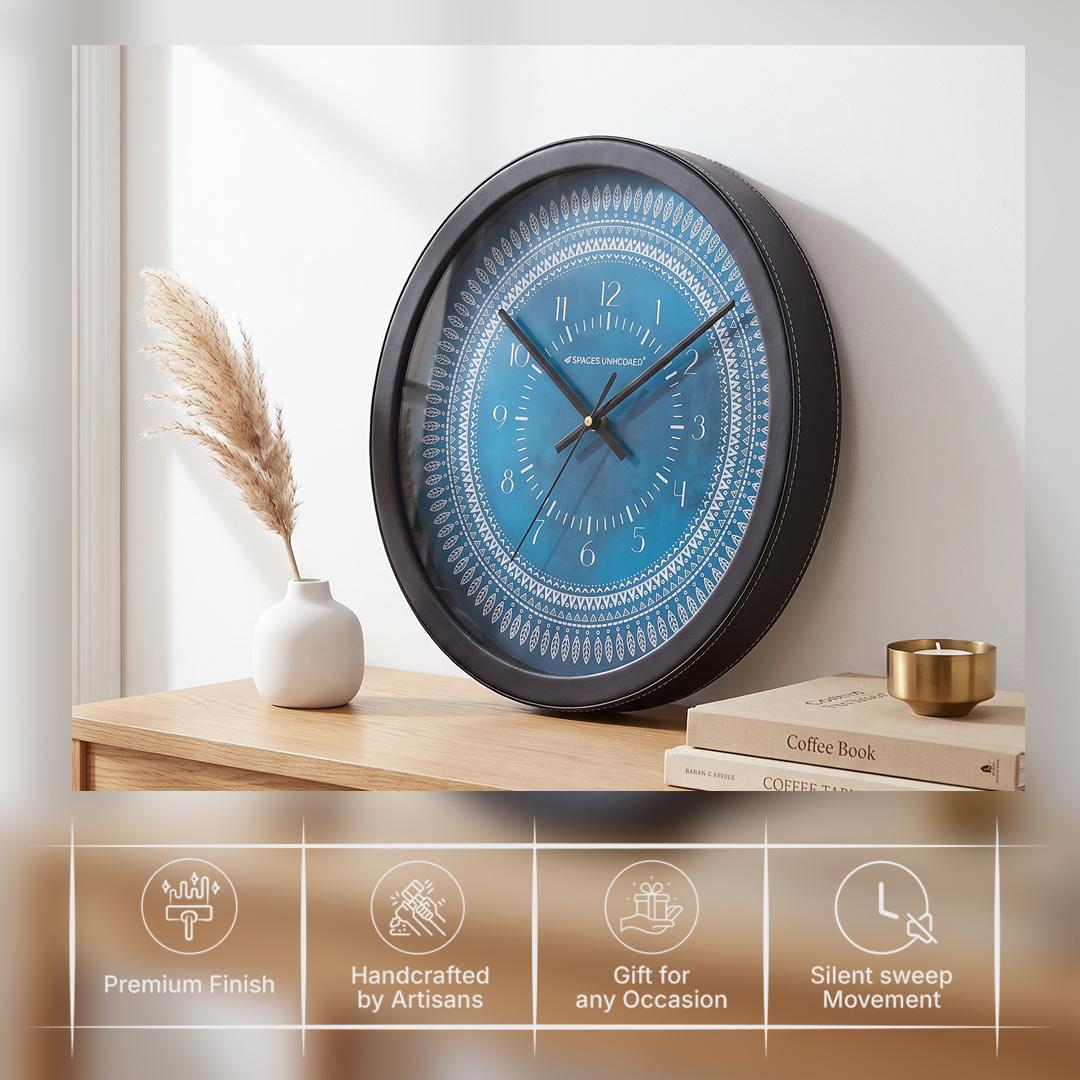 Spaces Unhooked Round Wall Clock, Teal Blue Dial, Leaf Mandala Pattern