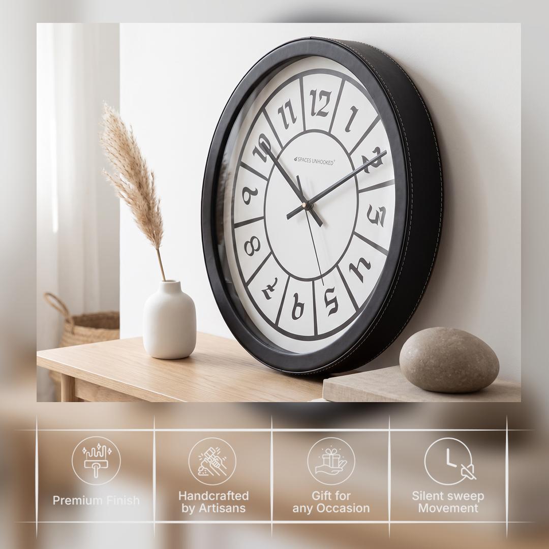Spaces Unhooked Round Wall Clock, Boxed Numerals, Black and White Dial
