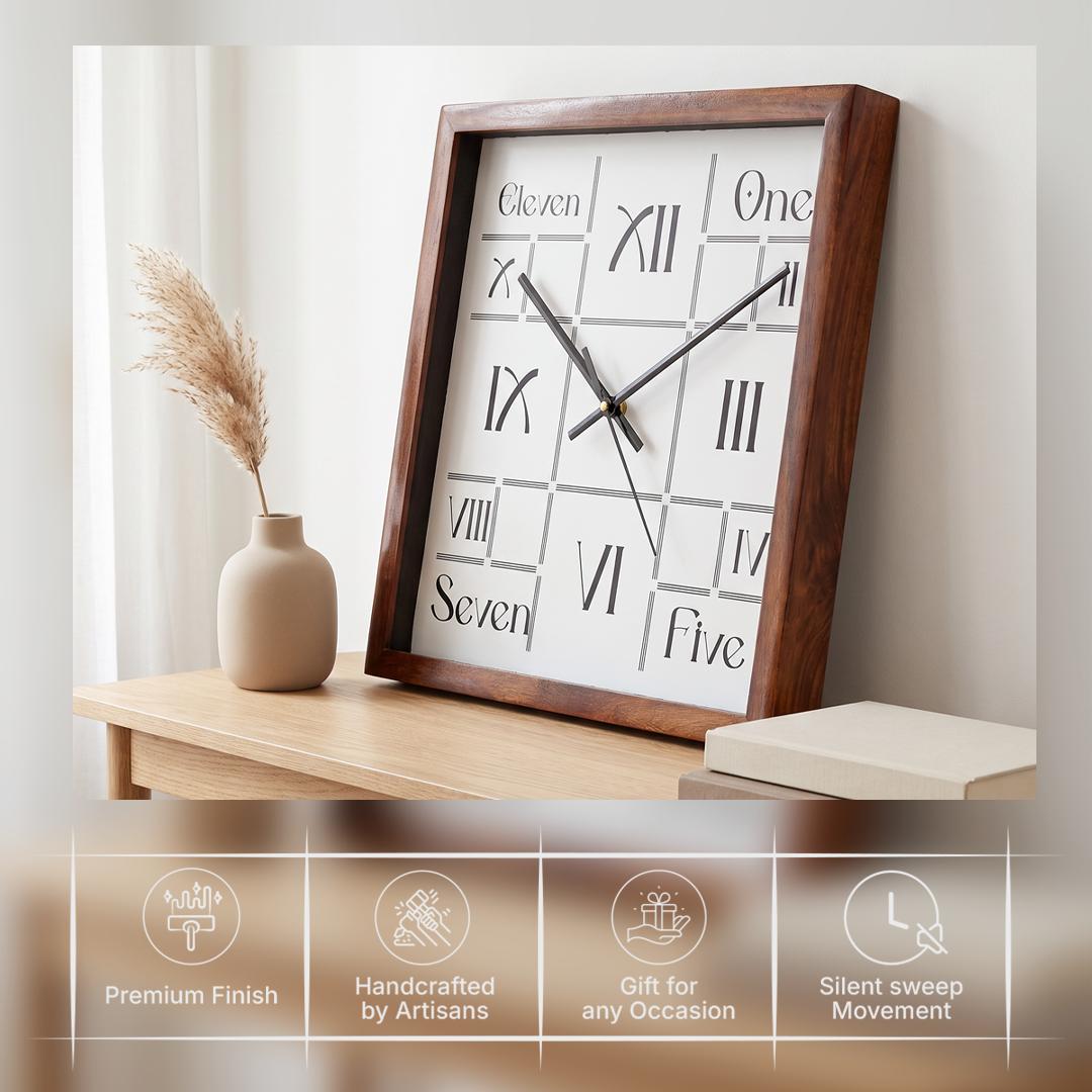 Spaces Unhooked Square Wooden Wall Clock, Roman Numerals and Words