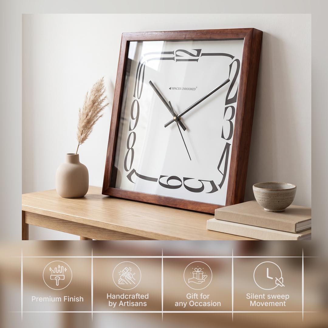 Spaces Unhooked Square Wooden Wall Clock, Warped Numerals, Brown Frame