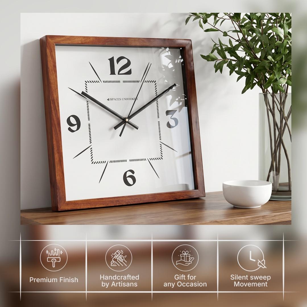 Long tapering line markers radiating from the corners of a square wooden wall clock dial