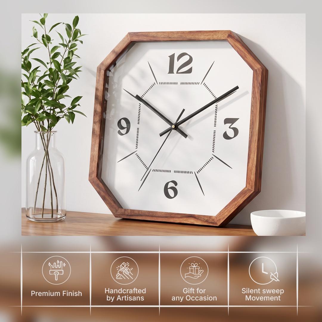 Long tapering line markers radiating across the white dial of a cut-corner wooden wall clock