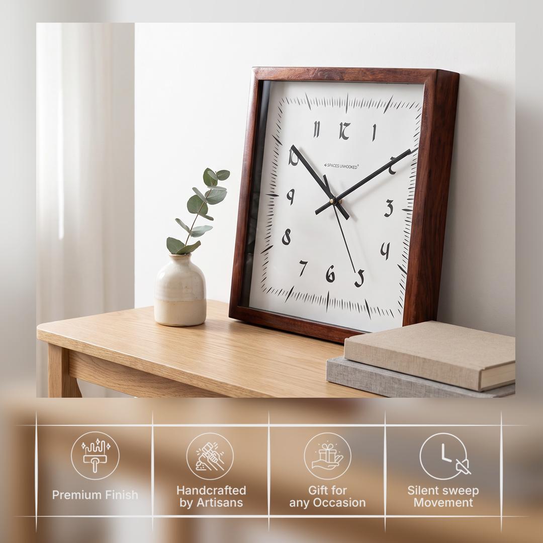 Spaces Unhooked Square Wooden Wall Clock, Vintage Sunburst Dial