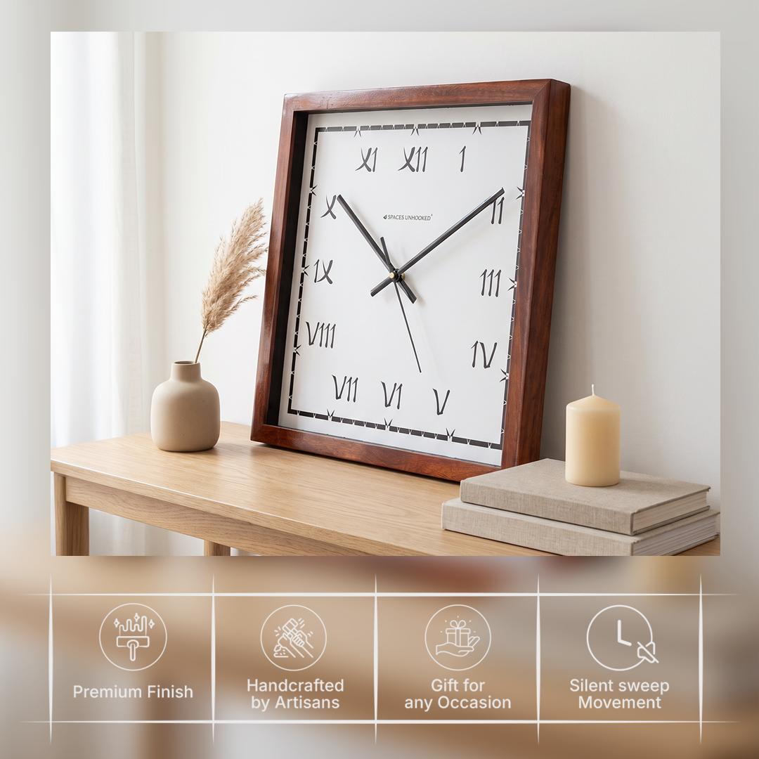 Spaces Unhooked Square Wooden Wall Clock, Quirky Roman Numerals