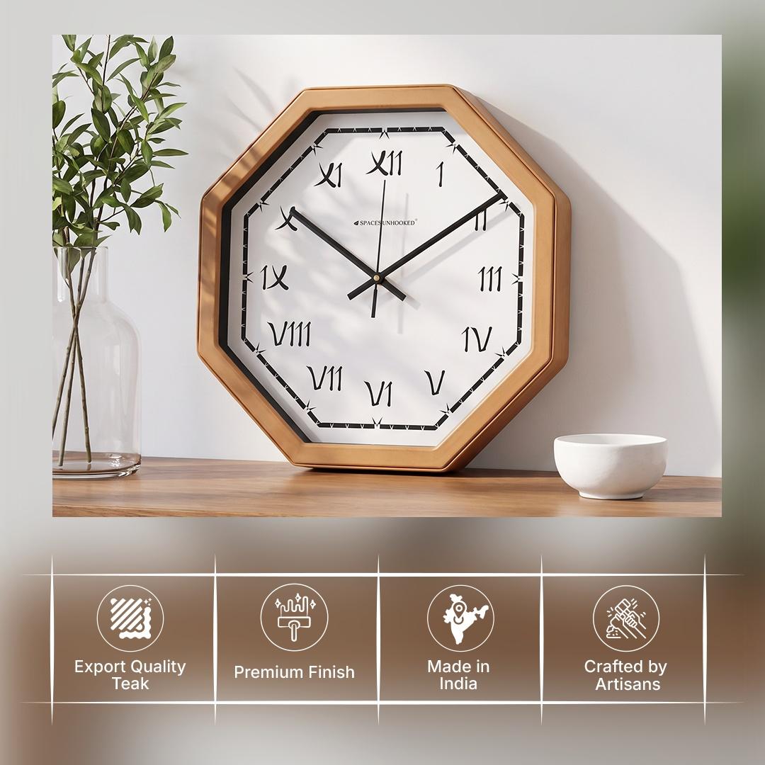 Octagonal brush Roman numeral wall clock in a cafe or study with warm earthy tones