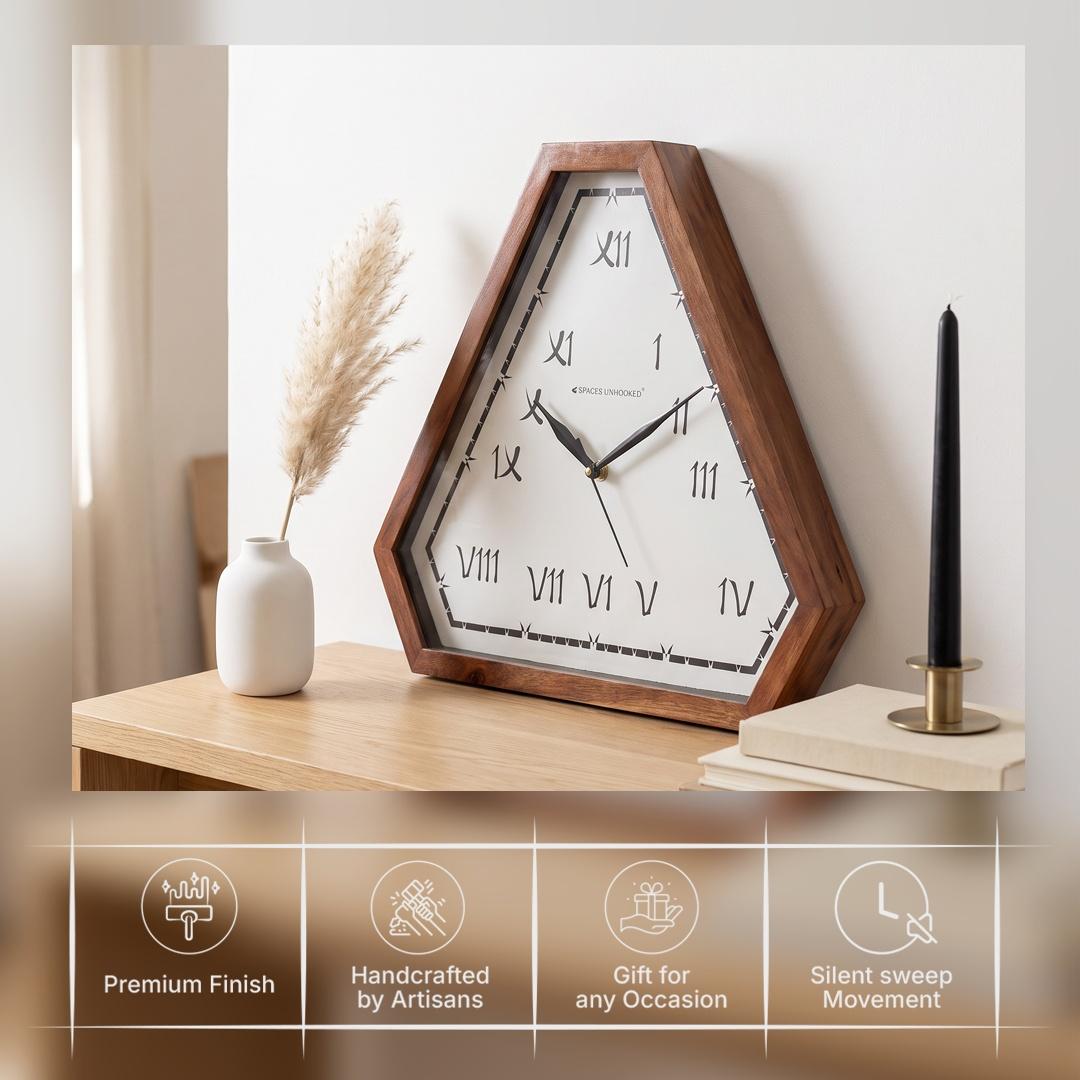Dashed border track with small star-like accents on a triangular wooden wall clock dial