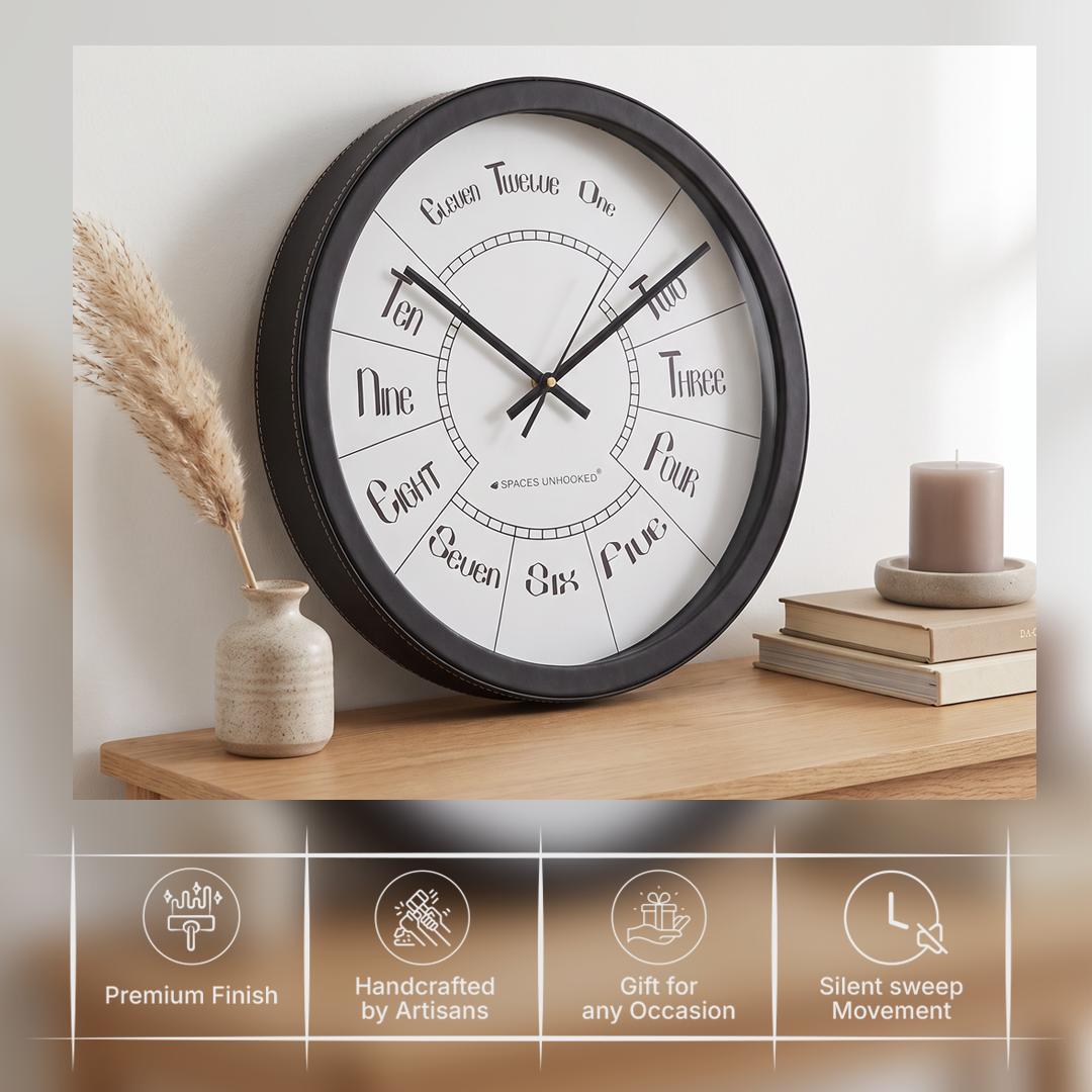 Spaces Unhooked Round Wall Clock, Number Words Dial, Black Frame