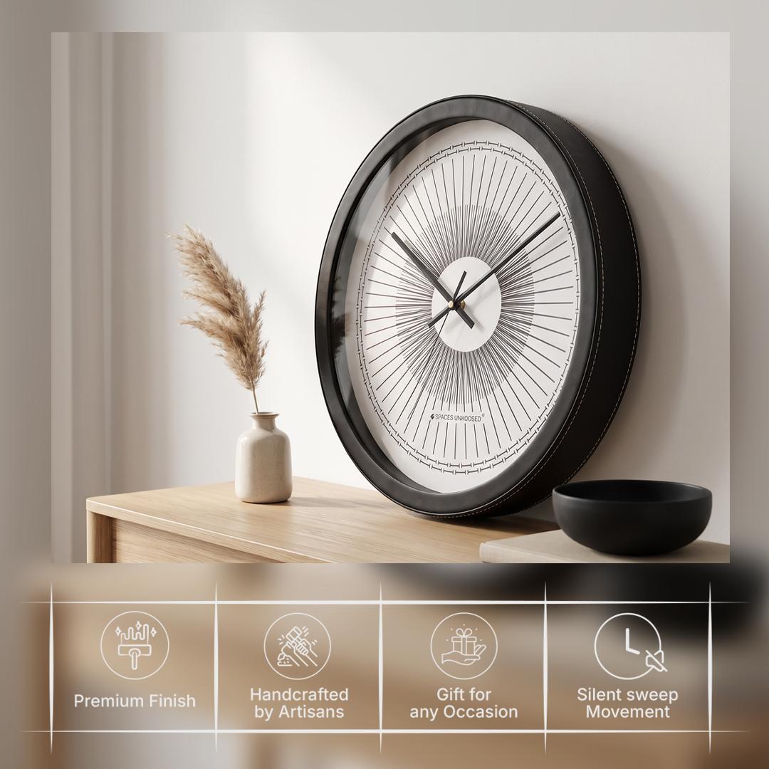 Spaces Unhooked Round Wall Clock, Sunburst Line Art Dial, Black Frame