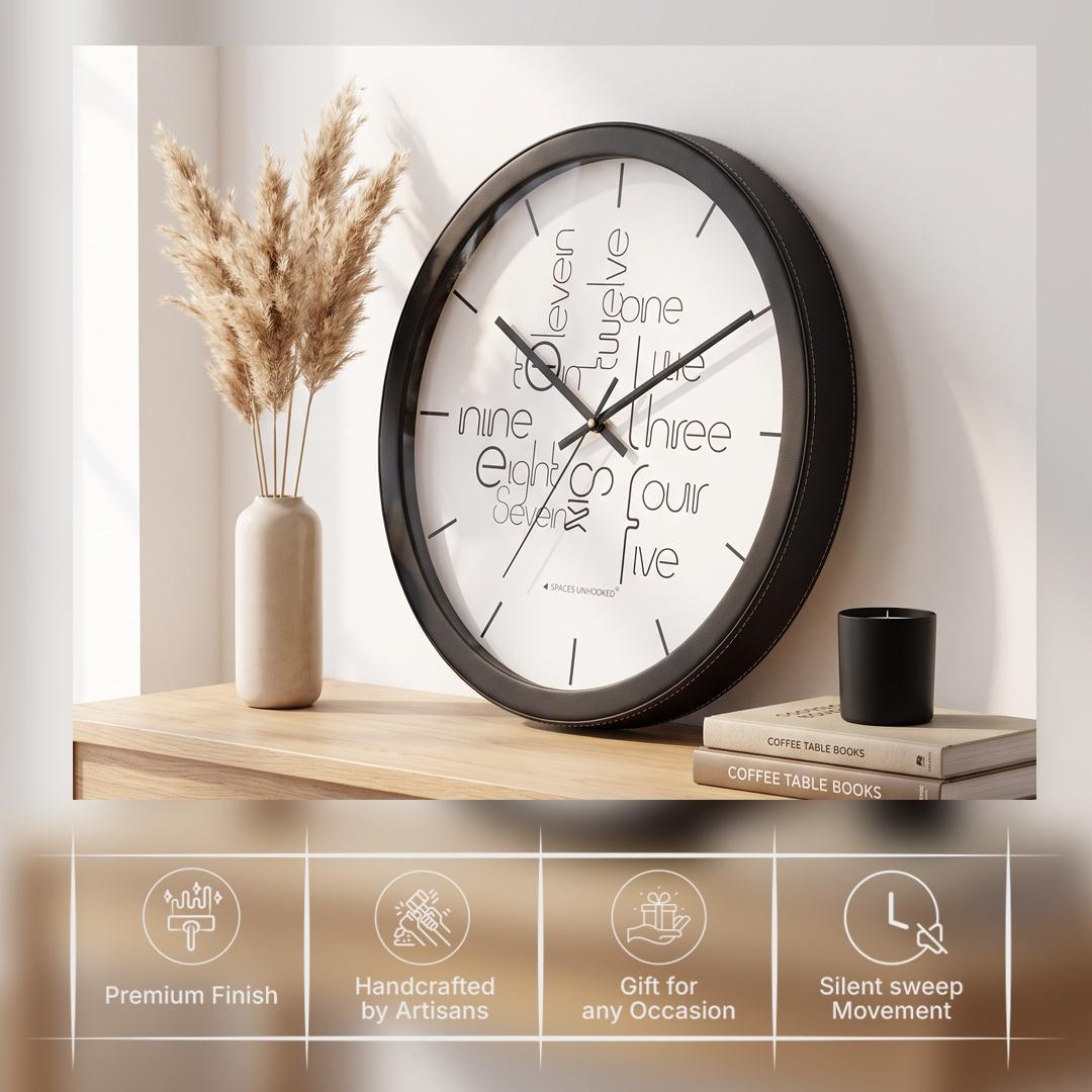 Spaces Unhooked Round Wall Clock, Typography Number Words, Black Frame