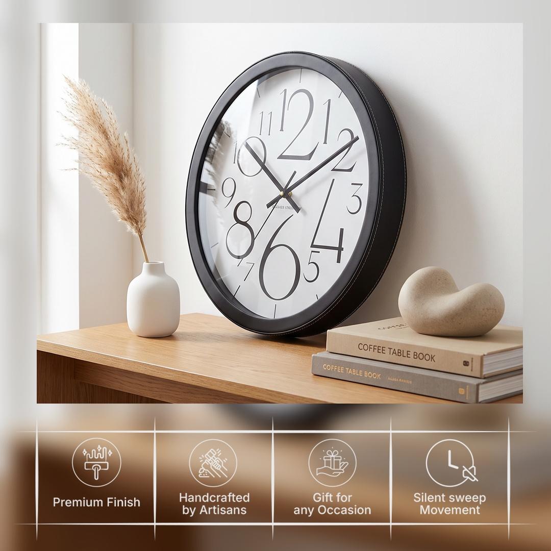 Spaces Unhooked Round Wall Clock, Oversized Slim Numerals, Black Frame