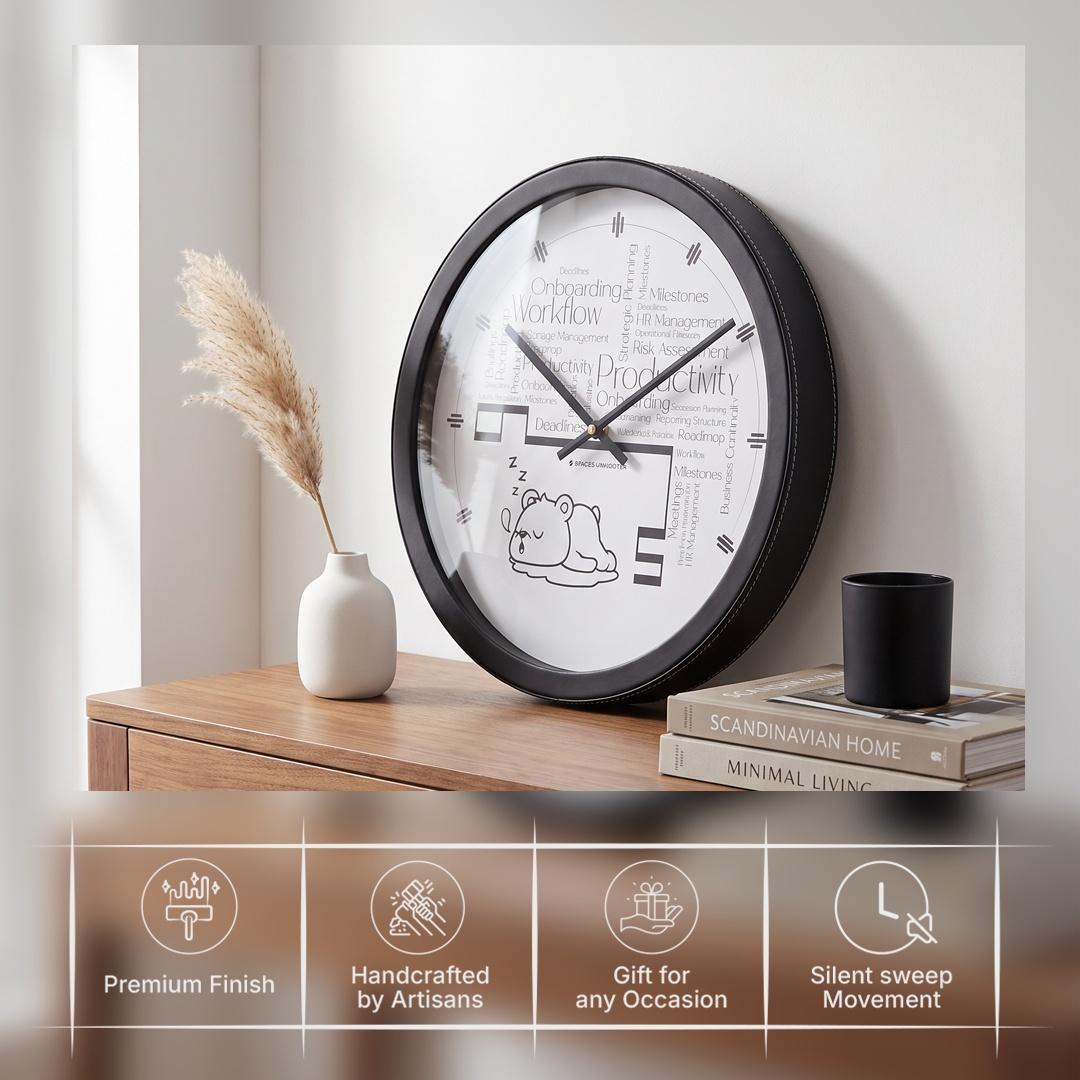 Spaces Unhooked Office Wall Clock, Word Cloud, Sleepy Bear