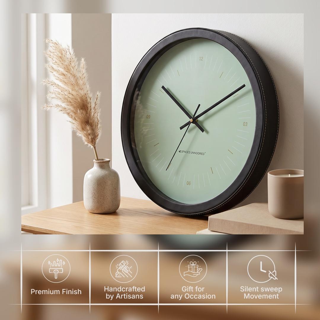 Spaces Unhooked Round Wall Clock, Mint Green Dial, Black Frame