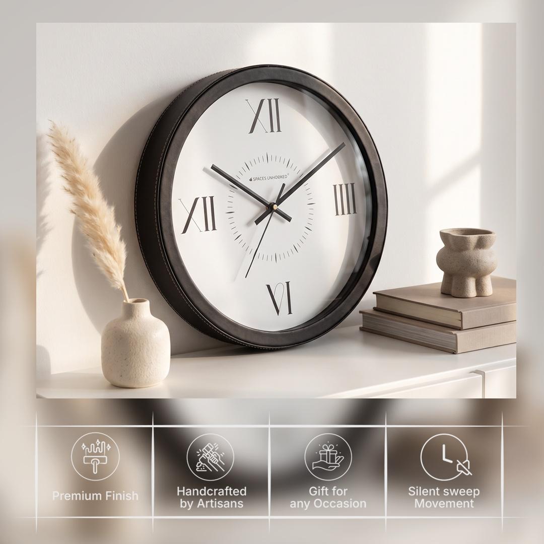 Spaces Unhooked Round Wall Clock, Roman Numerals at 12 3 6 9, Black