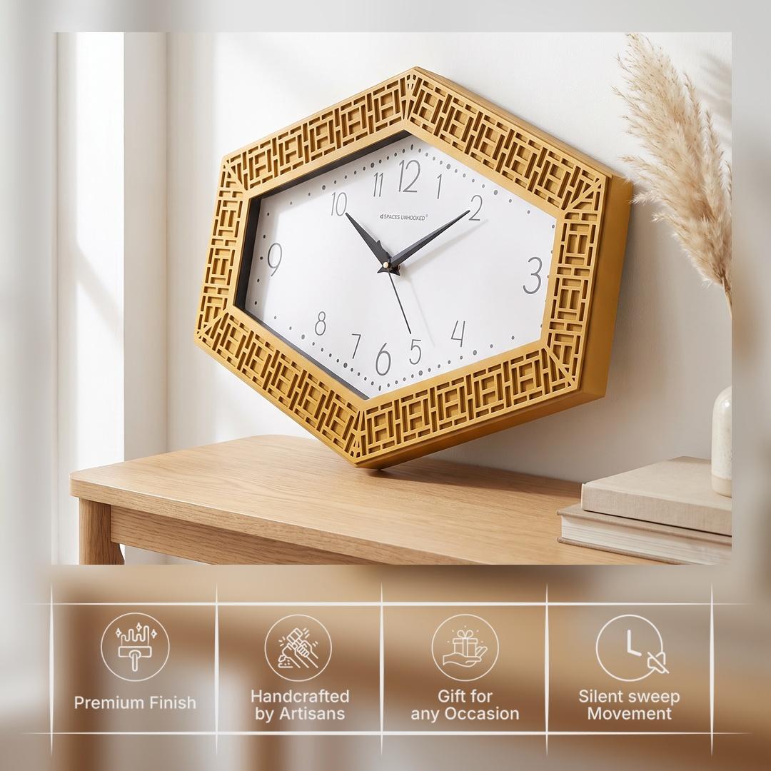 Spaces Unhooked Hexagonal Wall Clock, Mustard Gold Lattice Frame