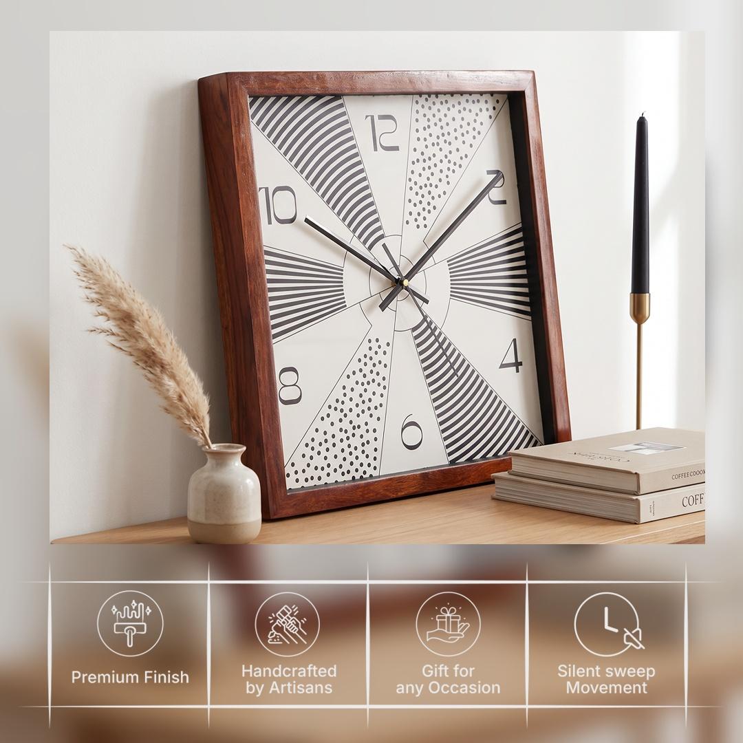 Clear black numerals at 12, 2, 4, 6, 8 and 10 on a geometric square wooden wall clock