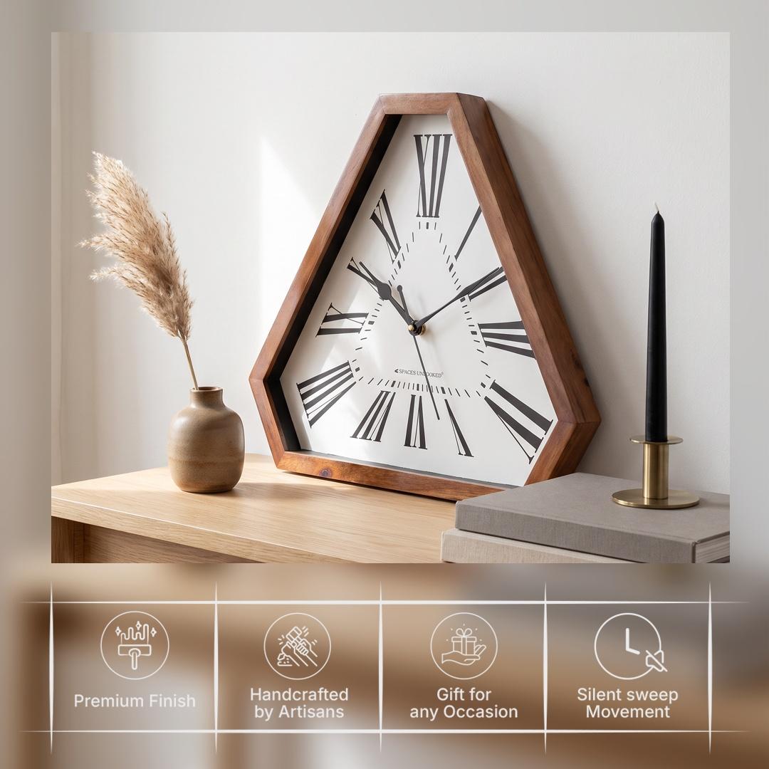 Dotted inner triangle of minute markers on a bold Roman numeral wooden wall clock