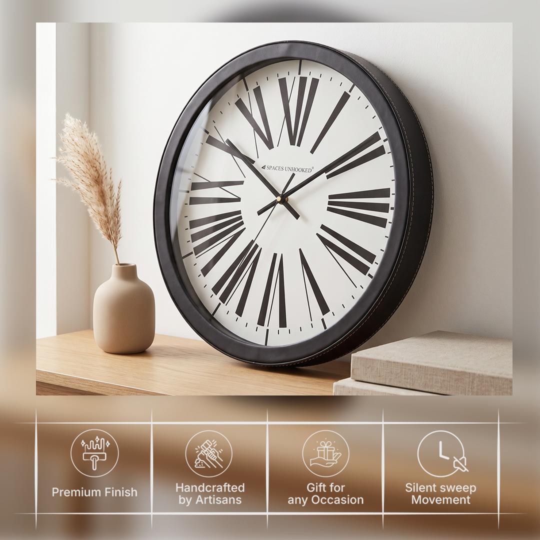 Spaces Unhooked Round Wall Clock, Tapered Roman Numerals, Black Frame