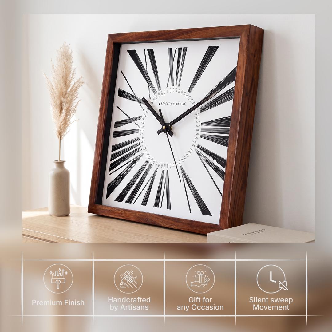 Spaces Unhooked Square Wooden Wall Clock, Tapered Roman Numerals