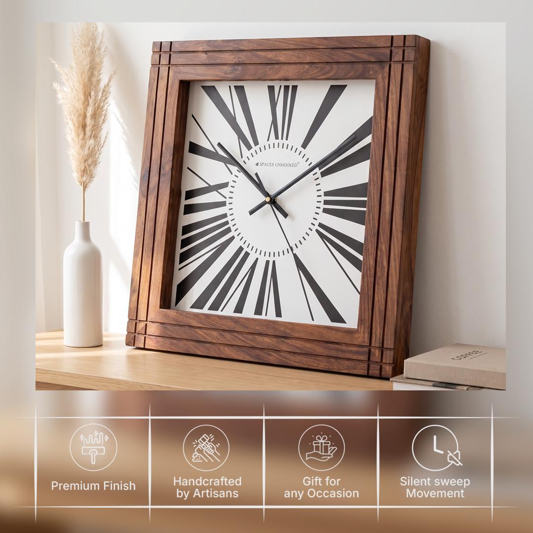 Spaces Unhooked Square Wooden Wall Clock, Grooved Roman Numerals