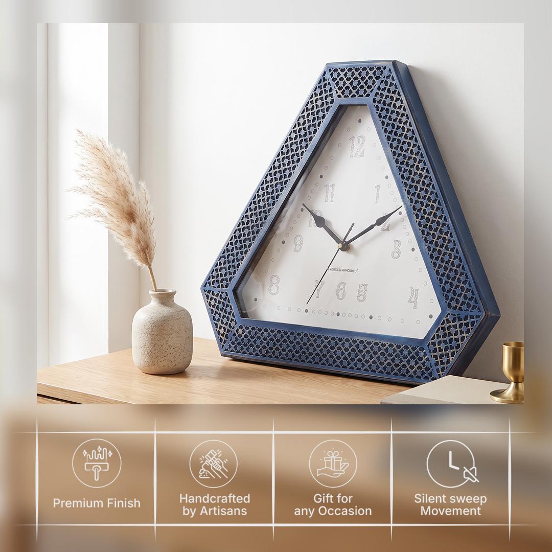 Spaces Unhooked Triangular Wall Clock, Blue Lattice Frame, White Dial