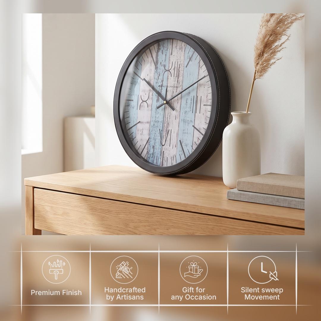 Spaces Unhooked Blue Distressed Plank Round Wall Clock