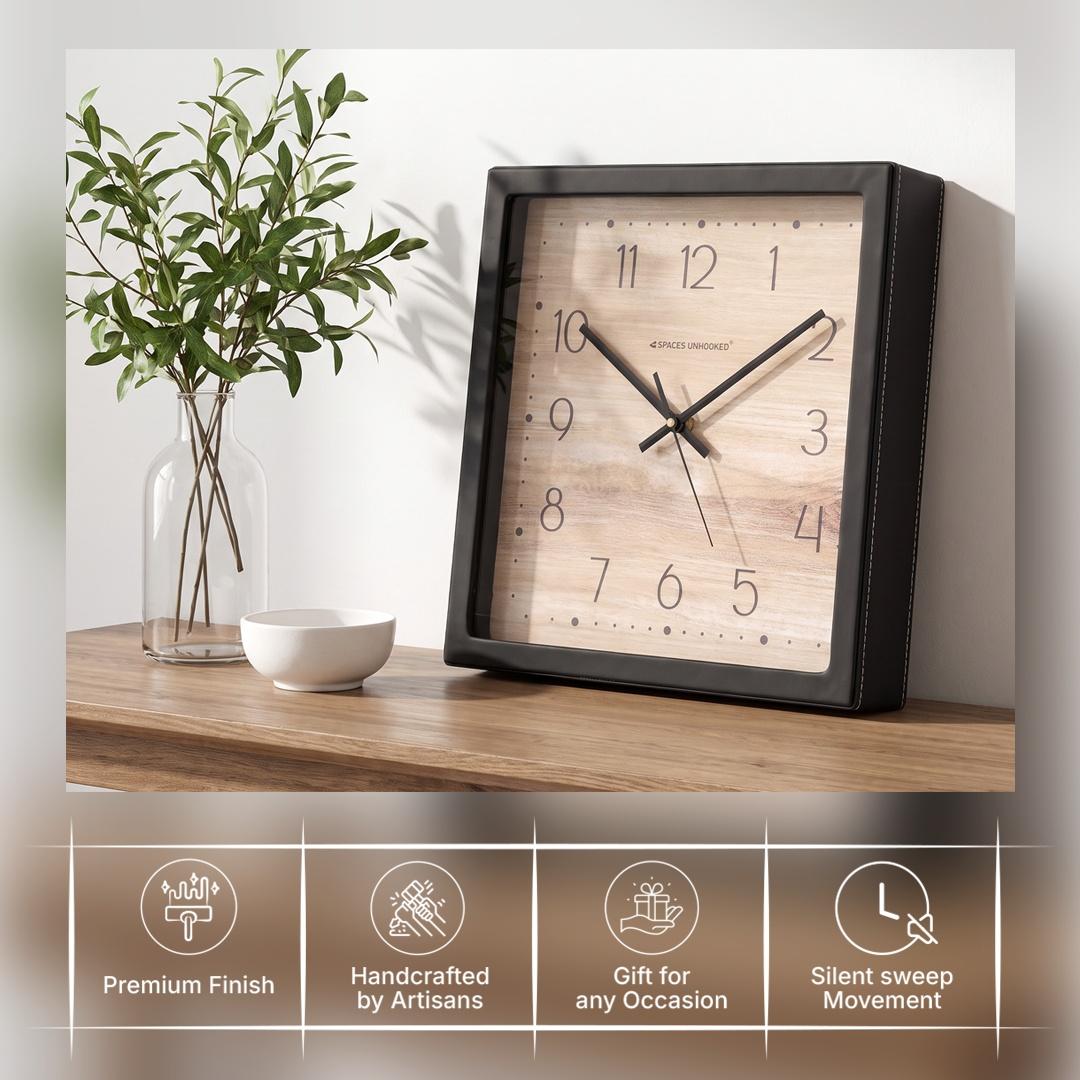 Spaces Unhooked Square Wall Clock, Light Wood Grain Dial, Black Frame