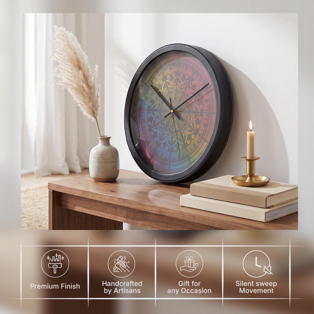 Spaces Unhooked Rainbow Mandala Round Wall Clock, Dark Dial