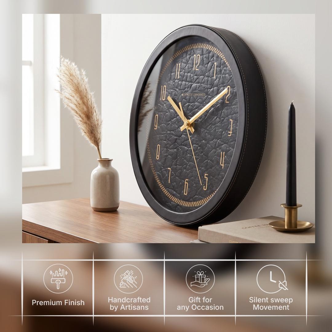 Spaces Unhooked Black and Gold Round Wall Clock, Luxe Texture