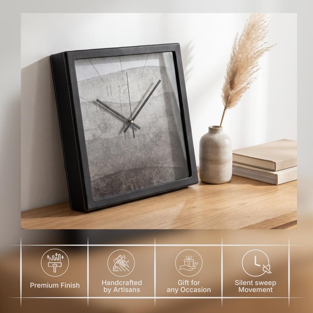 Black hour and minute hands over an ash grey watercolour dial with fine lines