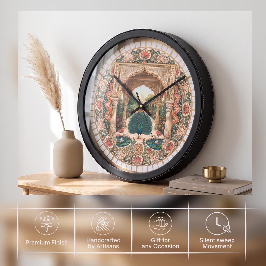 Spaces Unhooked Peacock Indian Art Round Wall Clock, Floral