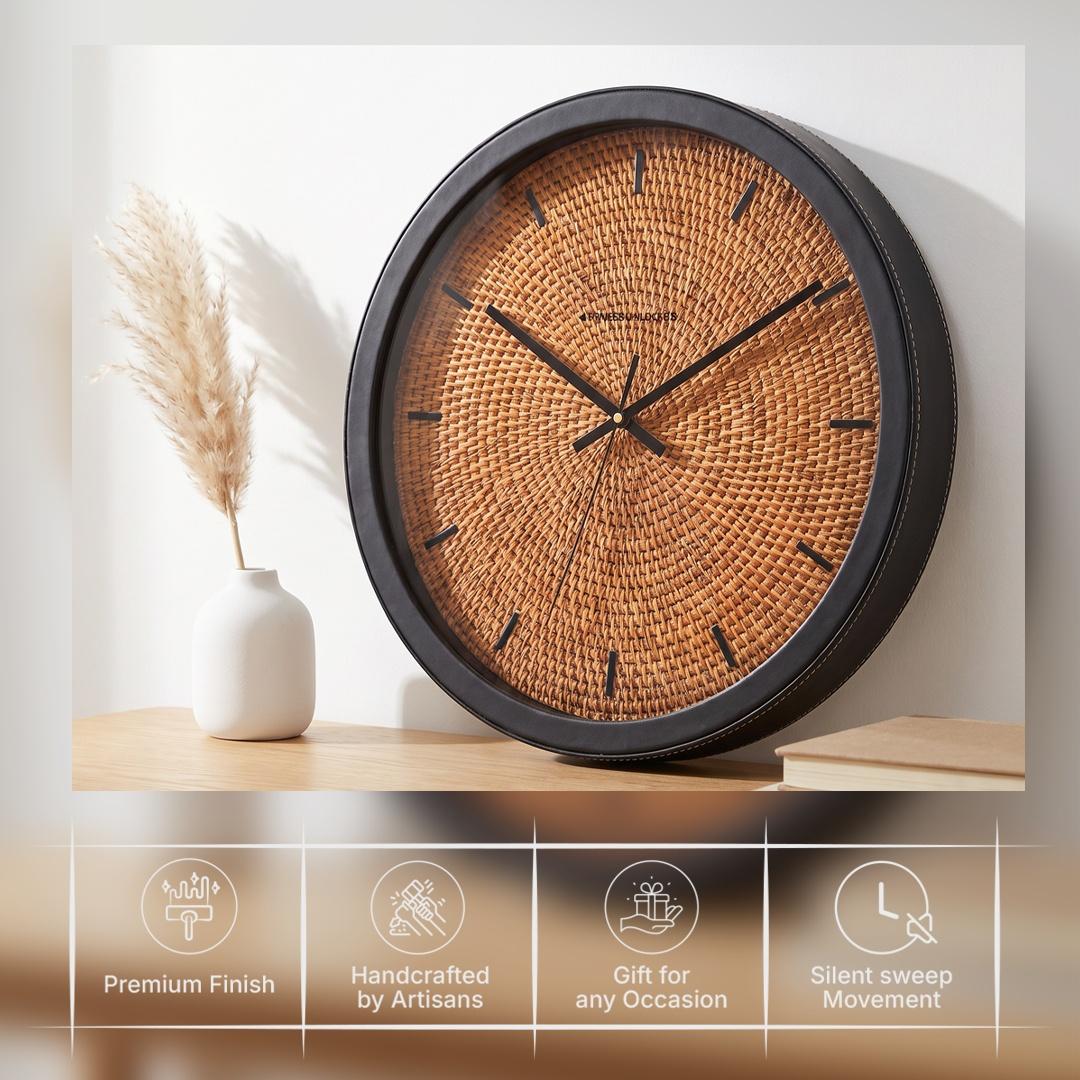 Spaces Unhooked Rattan Weave Look Round Wall Clock, Bar Markers