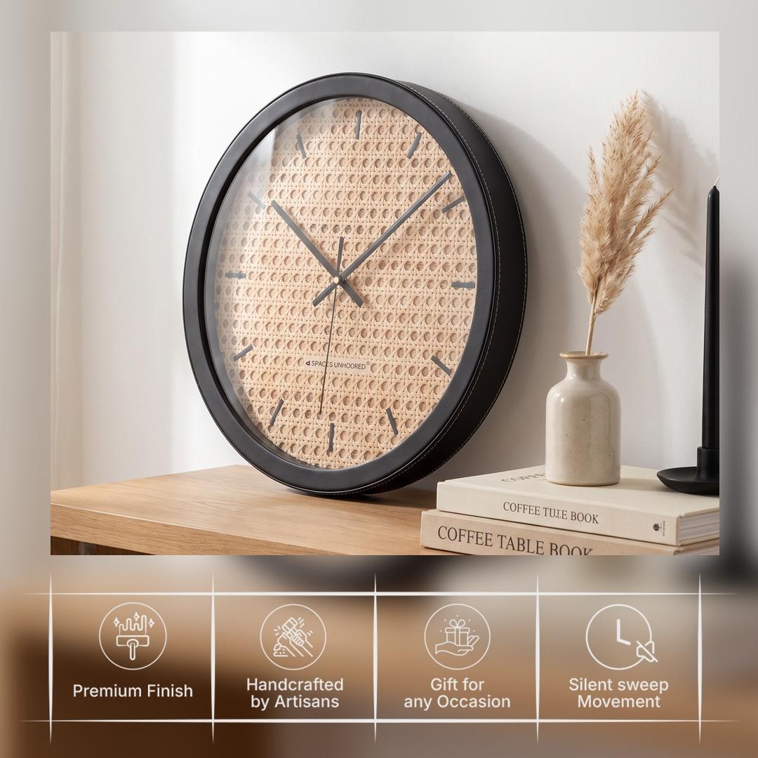 Spaces Unhooked Rattan Cane Look Round Wall Clock, Boho