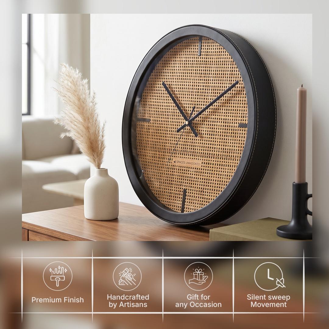 Spaces Unhooked Woven Cane Look Round Wall Clock, Honey Tone