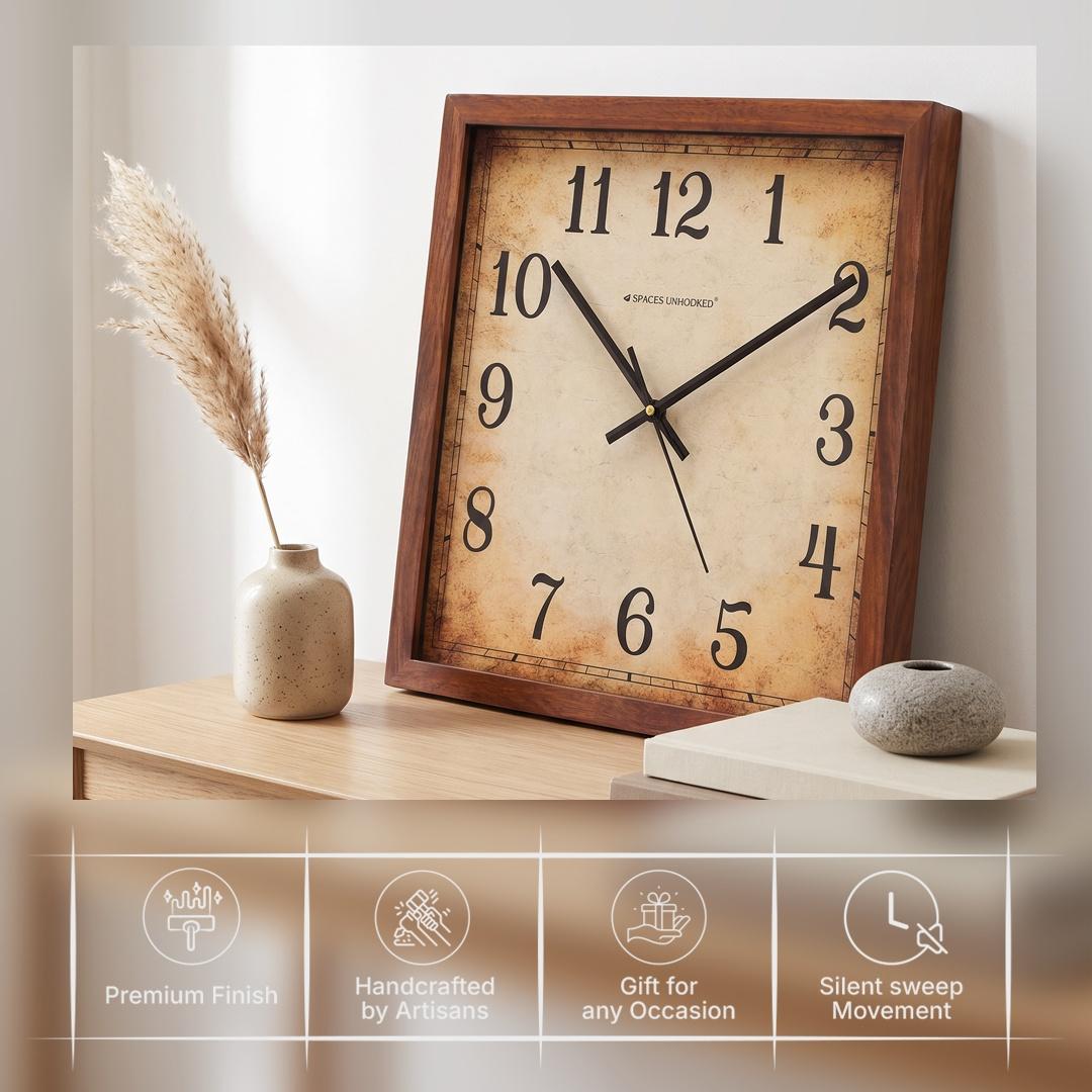 Large black curled numerals 1 to 12 on the antique dial of a vintage wooden wall clock