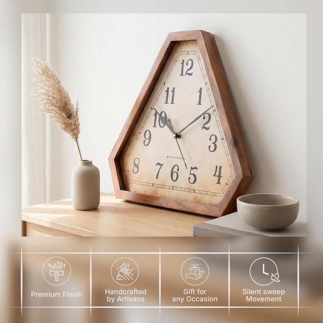 Large black curled numerals 1 to 12 on the antique dial of a vintage wooden wall clock