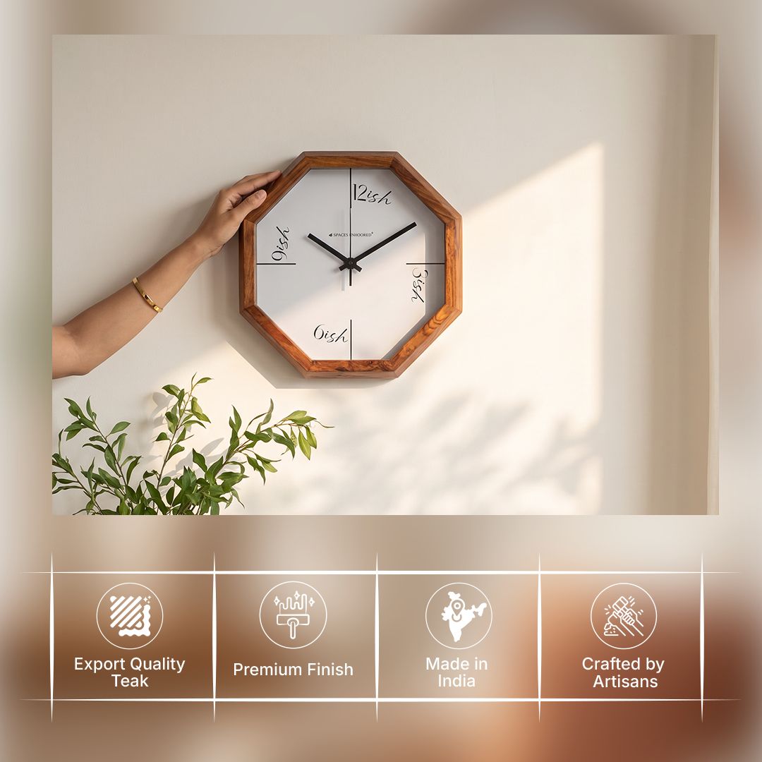 Wooden Wall Clock Brown Octagon Quirky Silent for Living Room & Gifting