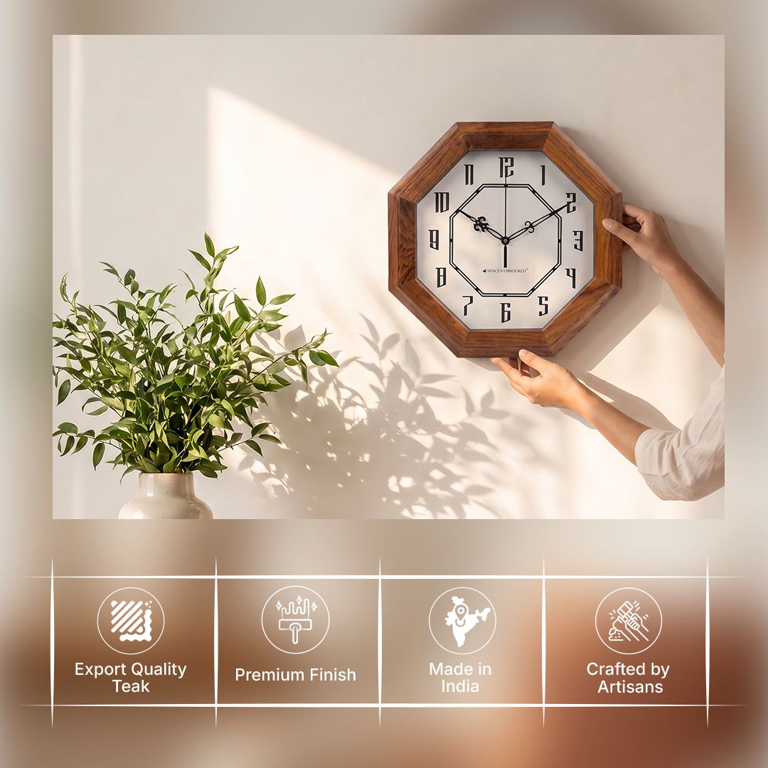 Wooden Wall Clock Brown Octagon Vintage Antique Silent Living Room