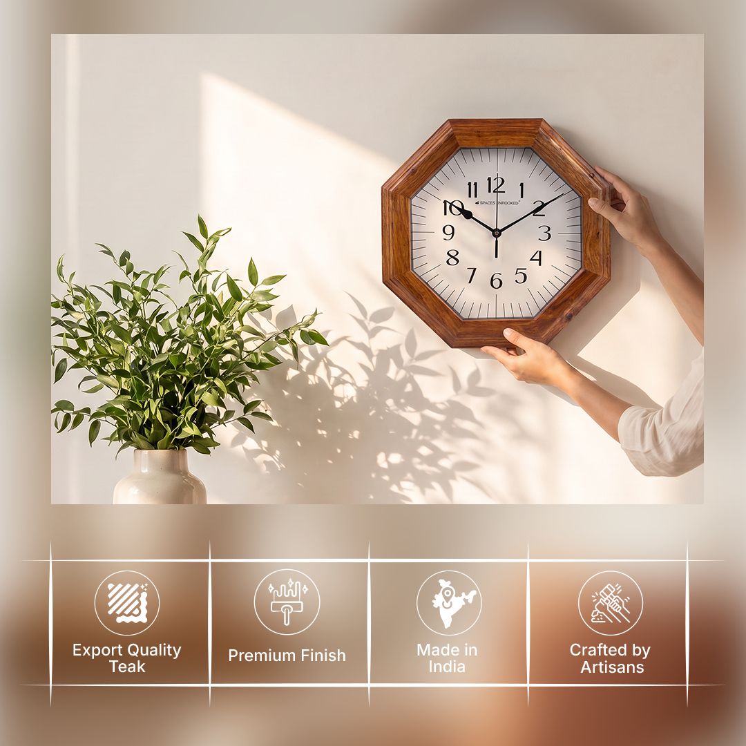 Wooden Wall Clock Brown Octagon Natural Grain Analog Silent Living Room