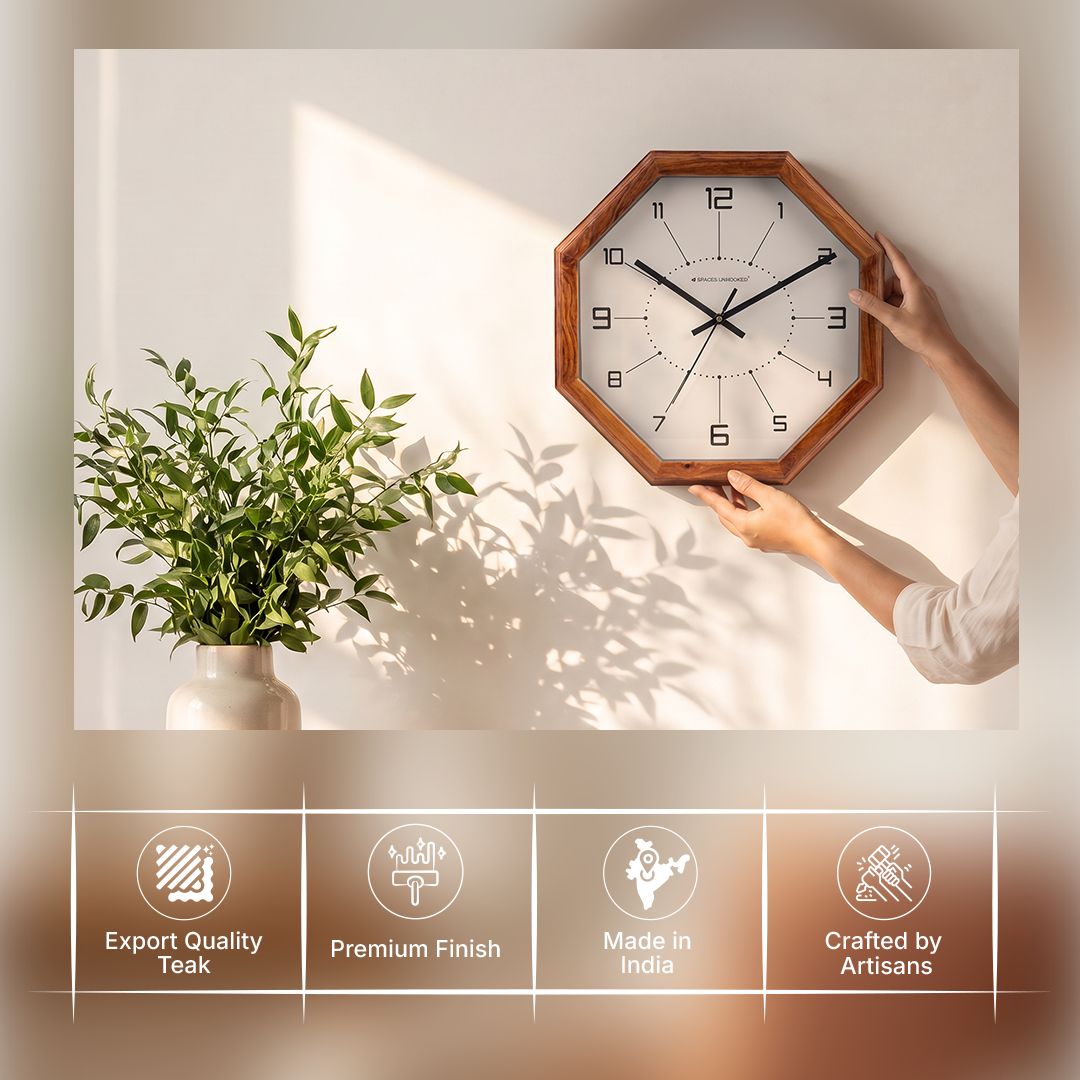 Wooden Wall Clock Brown Octagon Modern Geometric Silent Living Room