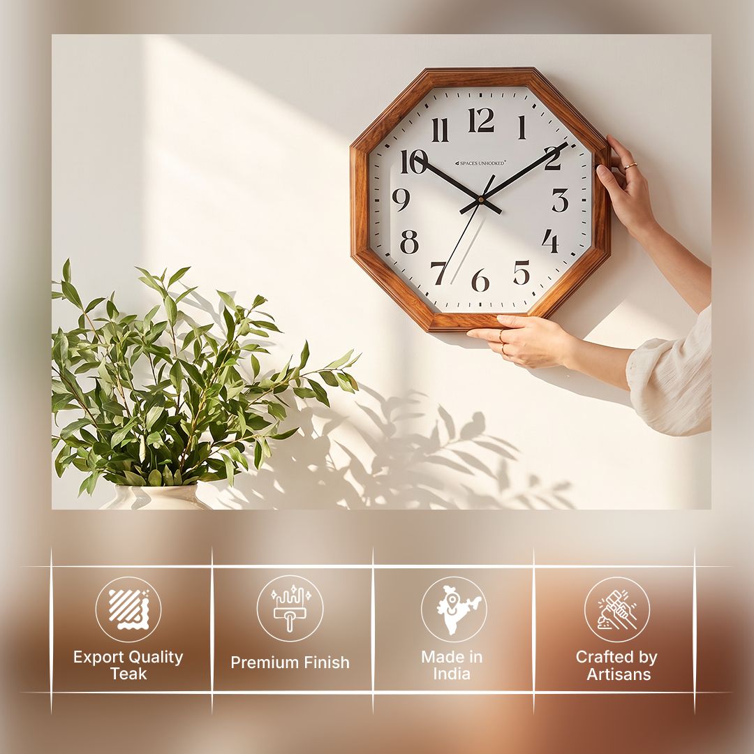 Wooden Wall Clock Octagon Brown Analog Silent for Living Room & Hall