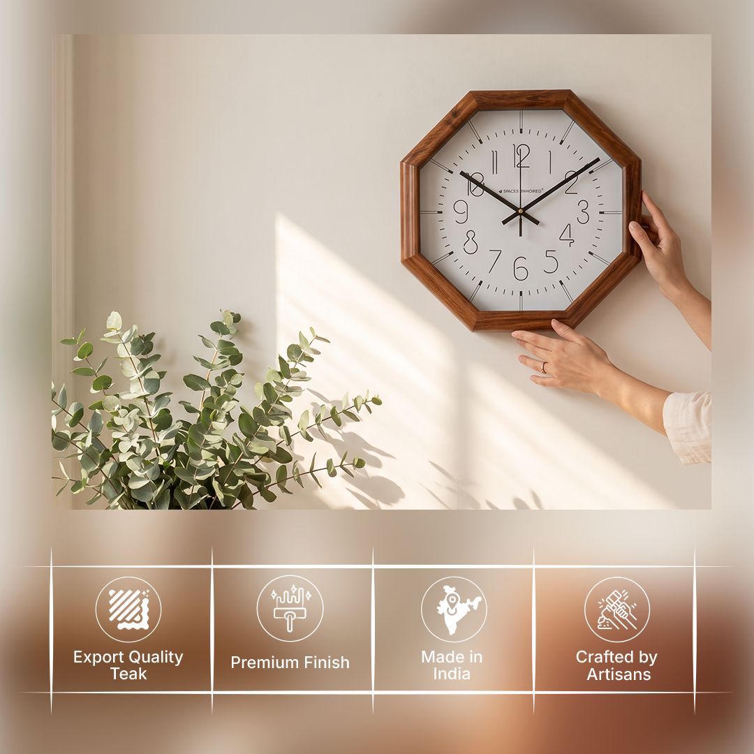Wooden Wall Clock Brown Octagon Analog Silent for Living Room Hall Bedroom
