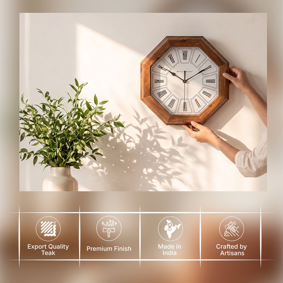 Wooden Wall Clock with Roman Numerals Brown Octagon Silent Vintage