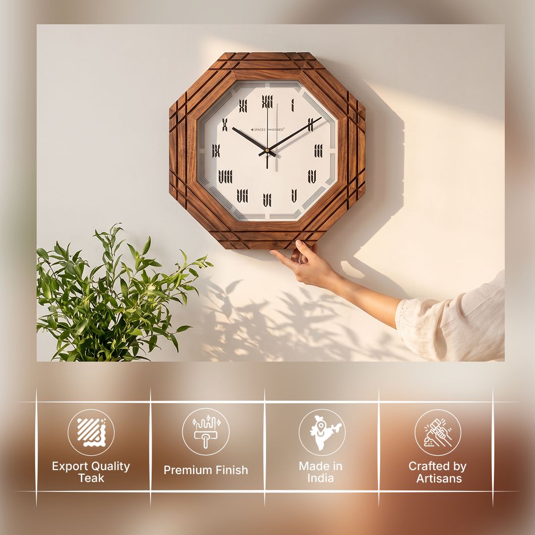 Wooden Wall Clock Octagonal Roman Numeral Walnut for Living Room