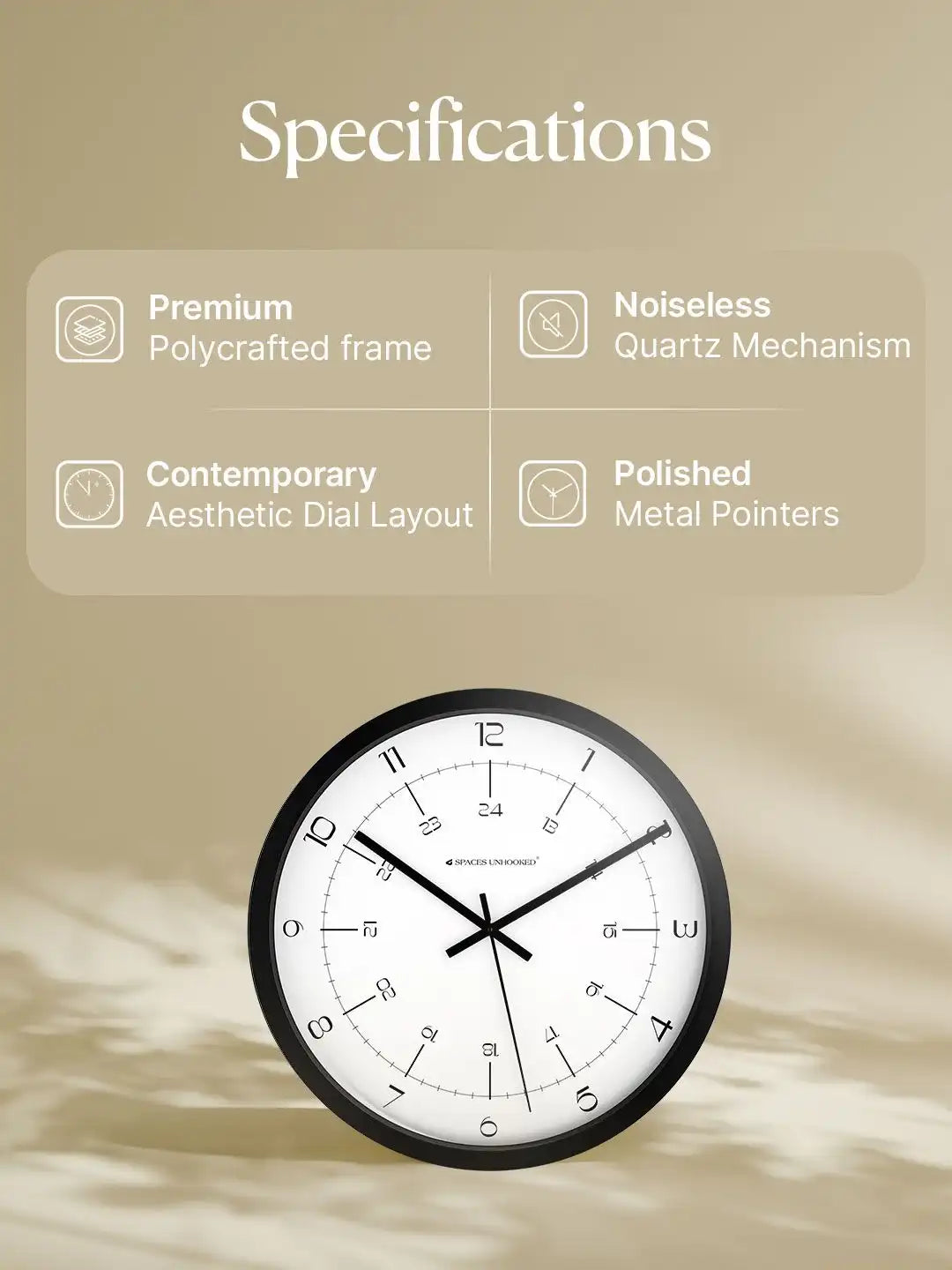 Specifications of Spaces Unhooked black wall clock featuring premium polycrafted frame, noiseless quartz mechanism, contemporary aesthetic dial layout and polished metal pointers